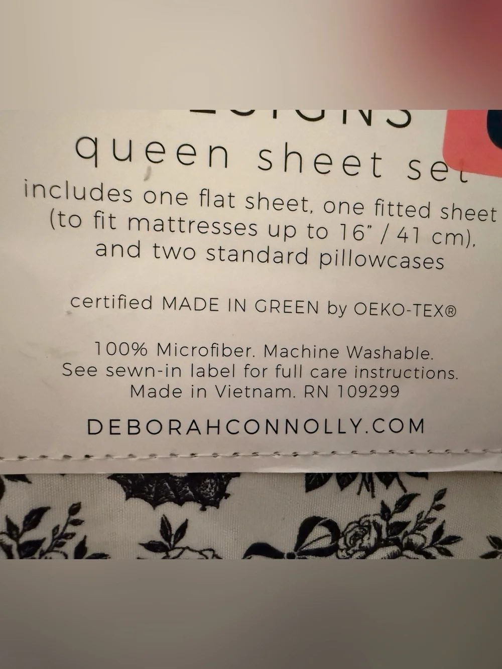 Deborah Connolly Designs Queen Sheet Set Skull Bat Floral Gothic Black  & White